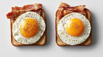 Two slices of bread with bacon and eggs photo