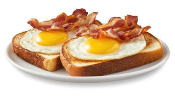Two pieces of toast with bacon and eggs photo