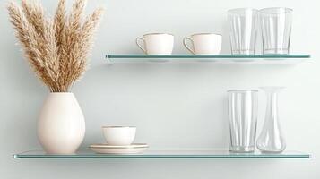 Glass shelves with vases and cups on a wall photo
