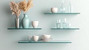Glass shelves with vases and cups on a blue wall photo