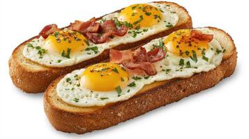 Two pieces of toast with eggs and bacon photo