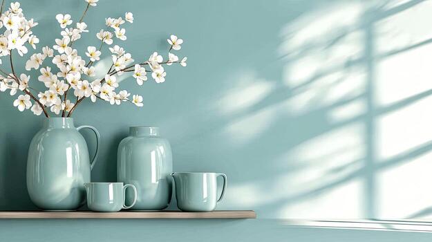 A shelf with three vases and a vase with flowers photo