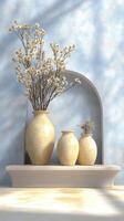 A shelf with three vases and a flower photo