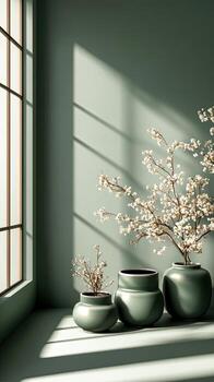 Three vases with flowers sit on a window sill photo