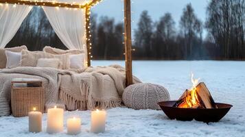 A bed with blankets and candles in the snow photo