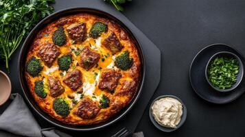 A casserole with meat, broccoli and cheese photo