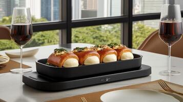 A table with a black pan with food in it photo