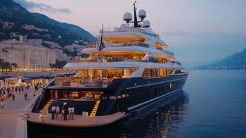 The luxury yacht is docked at the dock photo