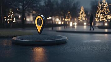 A map marker on a street at night photo