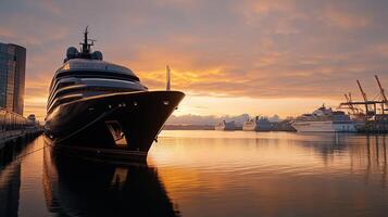 A large yacht docked at sunset in a harbor photo
