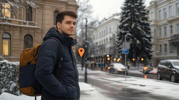 A man with a backpack standing on a snowy street photo