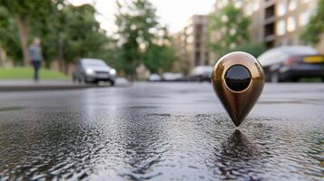 A golden object sitting on the ground in the middle of a wet street photo