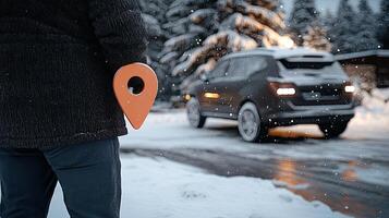 A person holding a map pointer in the snow photo