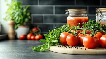 Tomatoes and herbs on a cutting board photo
