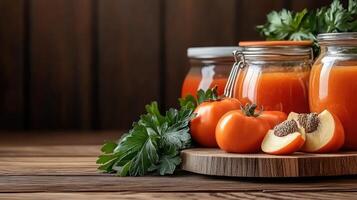 A jar of tomato juice with tomatoes and parsley photo