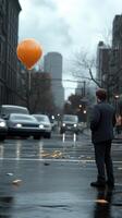 A man standing on a wet street with a balloon photo