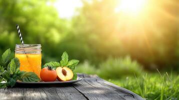 Fresh fruit juice on a wooden table with a straw photo