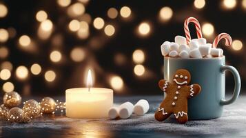 Christmas gingerbread man and hot chocolate with marshmallows on a snowy background photo