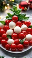 A plate of red and white mozzarella cheese with basil leaves photo