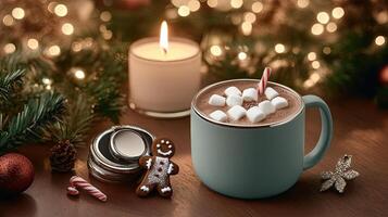 Hot chocolate with marshmallows and gingerbread photo