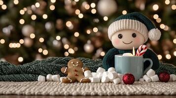 A cute little elf is sitting on a blanket with a mug of hot chocolate and a gingerbread photo