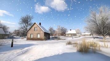A snowy scene with houses and trees photo