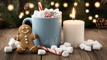 A mug of hot chocolate, a gingerbread man, and a candle photo