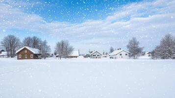 Winter landscape with snow covered houses and trees photo