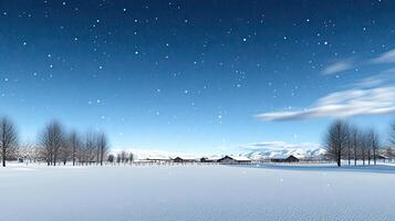 A snowy landscape with a house in the distance photo