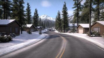 A snowy road with houses on either side photo