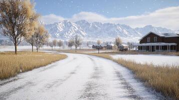 A snowy road in front of a house and mountains photo