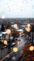 A view of a city street with snow falling on it photo