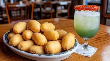 A bowl of fried doughnuts and a drink photo
