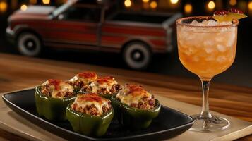 A plate with green peppers and a drink next to a truck photo