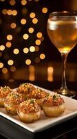 A plate of food with a glass of wine photo