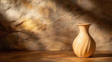 A vase sitting on a table in front of a wall photo