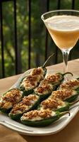 A plate of green peppers with a drink on a table photo
