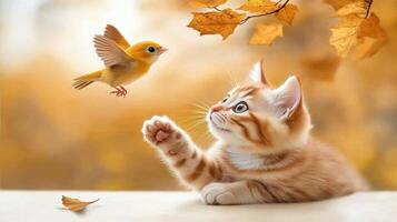 A kitten and a bird are playing together photo