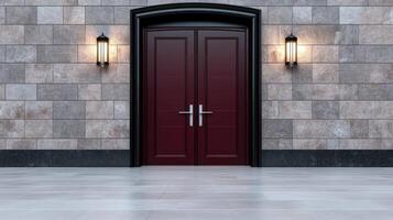 A red door is open in front of a wall photo