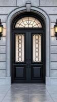 A black double door with a light on it photo
