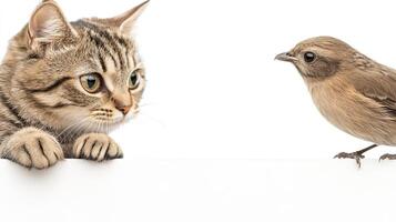 A cat and a bird are looking at each other photo