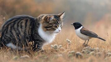 A cat and a bird in a field photo