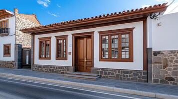 A white building with brown windows photo