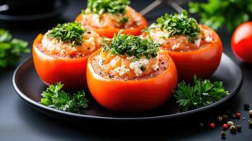 Baked tomatoes with cheese and herbs on a black plate photo