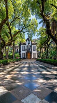 A large white building with a black and white checkered floor photo