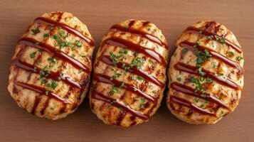 Three grilled chicken breasts with sauce and herbs photo