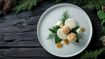 A plate with some food on it and some pine cones photo