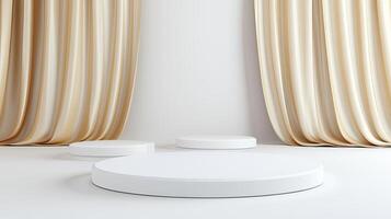 White podiums and curtains in front of a white wall photo