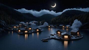 A lake with houses on floating islands at night photo