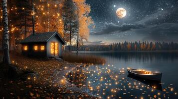 A boat is on the lake at night with a house and trees photo